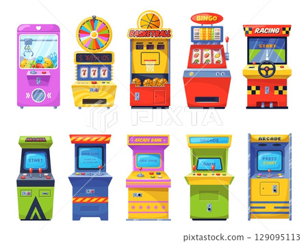 Slot machine. Arcade 8 bit gaming consoles, sport and driving simulators, retro playing automates, gambling electronic devices, fortune, vintage gamepad classy vector cartoon isolated set Slot machine. Arcade 8 bit gaming consoles, sport and driving simulators, retro playing automates, gambling electronic devices, fortune, vintage gamepad classy vector cartoon isolated set 129095113