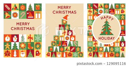 Xmas bauhaus cards. Merry christmas holiday invitations, simple geometric shapes, primitive style new year elements, posters and prints design, tiles with snowman and Santa, splendid vector set Xmas bauhaus cards. Merry christmas holiday invitations, simple geometric shapes, primitive style new year elements, posters and prints design, tiles with snowman and Santa, splendid vector set 129095116