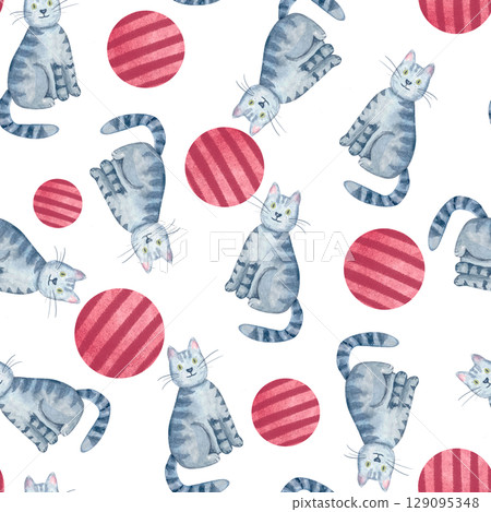 Playful gray tabby cats, textured red circles on white background. Seamless watercolor pattern isolated on white. Fun, hand-painted design ideal for apparel, accessories, wrapping paper, creative 129095348