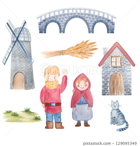 Bearded man, a woman in a hood, a cat, stone house, windmill, bridge, wheat bundle, grass patch. Rustic watercolor clipart set isolated on white. Perfect for fairy tales, kids projects, scene building 129095349