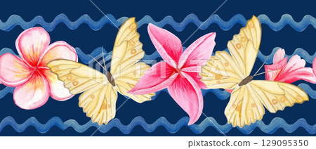 Butterflies, tropical flowers watercolor seamless pattern on a blue wavy line dark blue background. Hand-painted vibrant border, perfect for summer decor, textile, exotic packaging, decorative 129095350