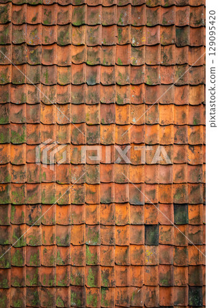 Roof tile texture. Rooftop house material. Repeat roof tile pattern. Classic home exterior roof design. Architecture element, housetop. Building top. Metal profile roof tile. Vector illustration. Roof tile texture. Rooftop house material. Repeat roof tile pattern. Classic home exterior roof design. Architecture element, housetop. Building top. Metal profile roof tile. Vector illustration. 129095420