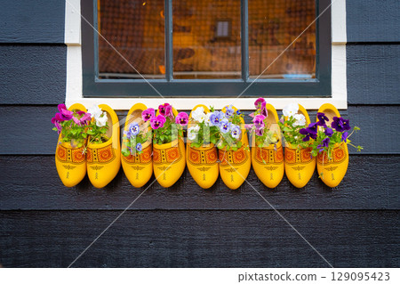 Old wooden clogs with blooming flowers hanging on a black wooden wall in The Netherlands Old wooden clogs with blooming flowers hanging on a black wooden wall in The Netherlands 129095423