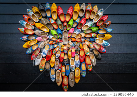 Set of different colorful vintage Dutch wooden clogs 129095440