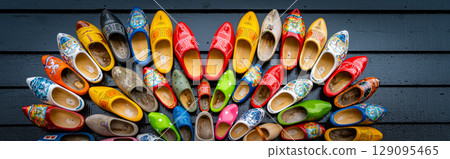 Set of different colorful vintage Dutch wooden clogs Set of different colorful vintage Dutch wooden clogs 129095465