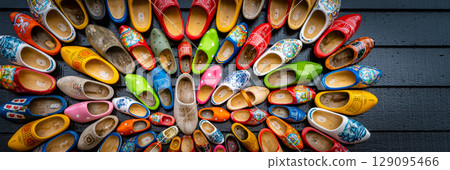 Set of different colorful vintage Dutch wooden clogs 129095466
