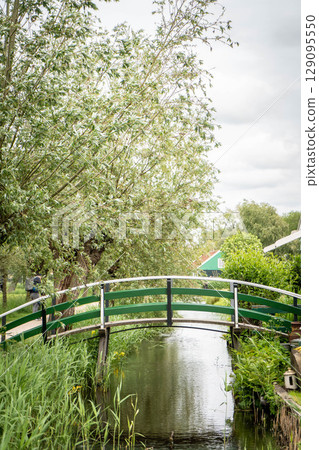 Dutch typical landscape. Traditional old dutch windmill with old houses against blue cloudy sky in the Zaanse Schans village, Netherlands. Famous tourism place. Sheep grazing on green grass. 129095550