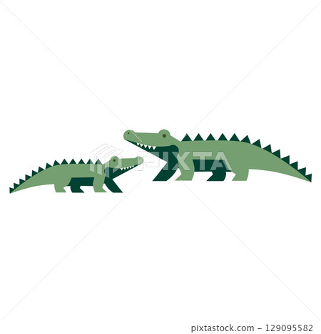 Crocodile family, flat vector illustration of wild reptiles. Parent and baby crocodile in cartoon style for kids posters, zoo themes, jungle wildlife or educational materials. 129095582