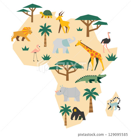 Africa map with safari animals, vector illustration of jungle wildlife including giraffe, elephant, lion, rhino, crocodile, ostrich, flamingo. Flat cartoon poster for kids and education. 129095585