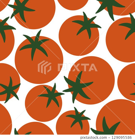 Trendy Modern seamless tomato pattern in vector, featuring bold red tomatoes with no background texture. Perfect for digital prints, fashion textiles, and packaging. 129095586
