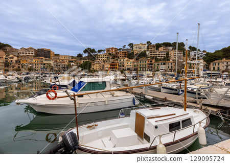 Sailbots and motorboats in the harbour of Port Soller Majorca, Mallorca, Balearic Islands, Spain, Europe Sailbots and motorboats in the harbour of Port Soller Majorca, Mallorca, Balearic Islands, Spain, Europe 129095724