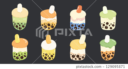 Set of cartoon doodle bubble milk tea. Cartoon doodle illustration. Vector illustration in cartoon style. 129095871
