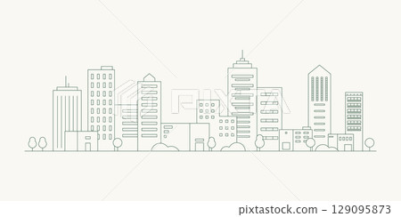 Cityscape. Modern flat line landscape vector. City landscape line art illustration with building, tower, skyscrapers. Vector illustration. 129095873