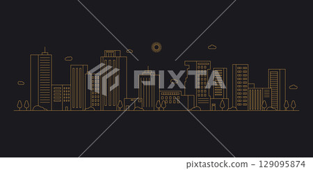 Cityscape. Modern flat line landscape vector. City landscape line art illustration with building, tower, skyscrapers. Vector illustration. 129095874