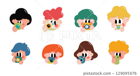 Cute cartoon kids using camera. World photography day. Vector illustration in cartoon style. Cute cartoon kids using camera. World photography day. Vector illustration in cartoon style. 129095876