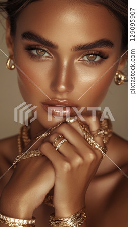 Woman showcasing elegant jewelry 129095907