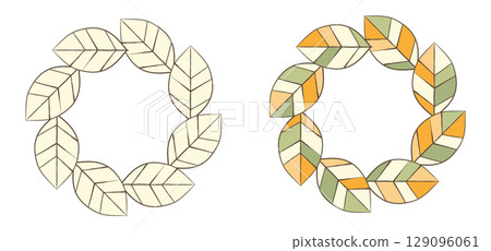 Autumn leaf whimsical hand drawn frame set, cartoon doodle style, paint brush line stroke, green yellow white colour, circular element, border for invitation web card, modern vector illustration 129096061