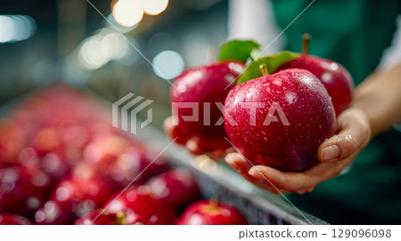 Hands holding several shiny red apples with water droplets, set against a background of a produce line in a fruit processing facility 129096098