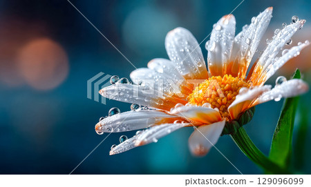A delicate daisy flower in full bloom with crystal-clear water droplets on its petals, captured in soft natural lighting 129096099