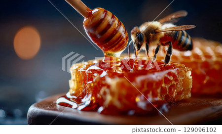 Macro shot of bees on golden honeycomb with dripping honey, showcasing nature, sweetness, and productivity 129096102