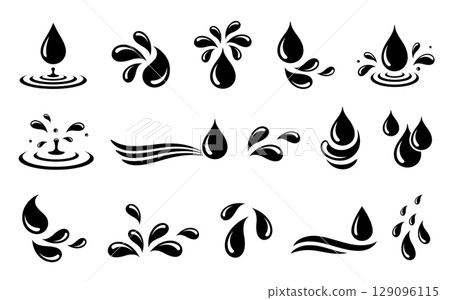 Water drops, droplet silhouettes, splash wave elements, moisture splatter Water drops, droplet silhouettes, splash wave elements, moisture splatter 129096115