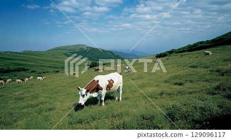 A peaceful scene of cows grazing on a lush green hillside surrounded by majestic mountains, capturing rural mountain life and natural beauty 129096117