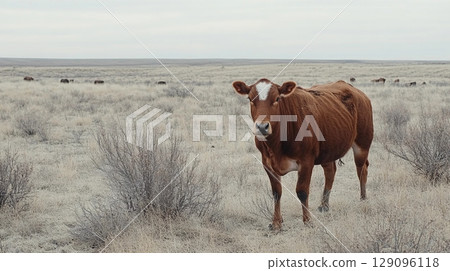 Brown cow grazing peacefully in the vast steppe landscape of Kazakhstan, Tatarstan region, showcasing rural agricultural life 129096118