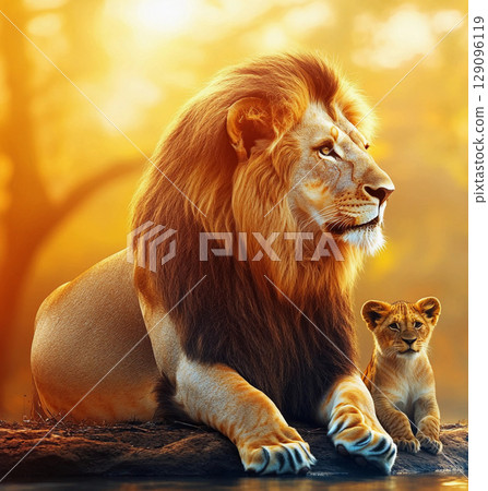 Majestic lion and lioness together in their natural habitat, showcasing strength and beauty of wildlife in the wild 129096119