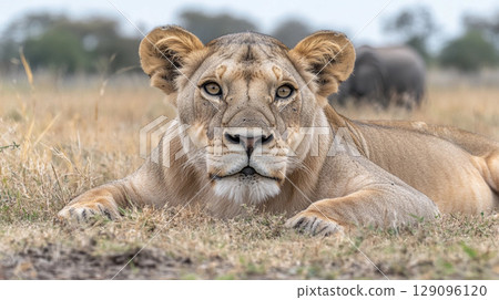 Majestic lion resting in the tall grass of Moremi Game Reserve within the Okavango River Delta, Botswana, showcasing wildlife in its natural habitat 129096120