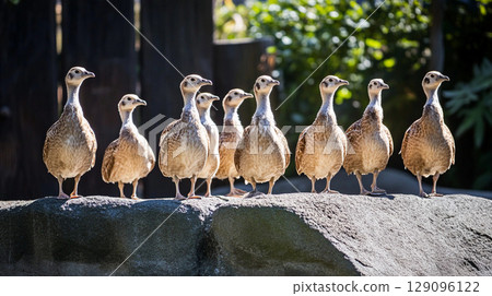 A group of ducks standing together on a rock at a zoo in Thailand, showcasing diverse plumage and natural behavior 129096122
