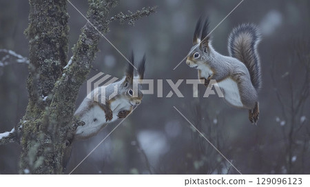 Close-up of a Eurasian red squirrel (Sciurus vulgaris) perched on a snowy branch, showcasing its winter fur and natural forest habitat 129096123