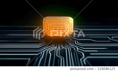 Close-up of a futuristic circuit board featuring a glowing keyhole symbolizing digital security and advanced technology 129096125