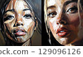 Close-up digital painting showcasing a womans face with multiple emotional expressions, detailed and artistic portrait study 129096126