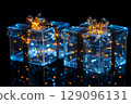 Festive gift boxes placed on a black background with glowing bokeh lights creating a dramatic holiday atmosphere 129096131