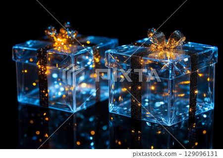 Festive gift boxes placed on a black background with glowing bokeh lights creating a dramatic holiday atmosphere 129096131