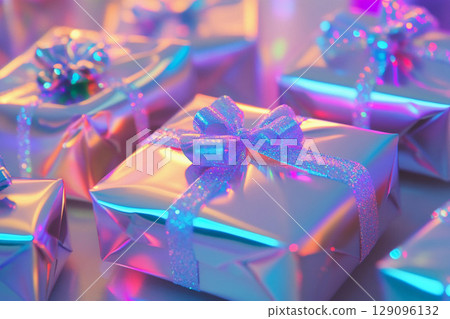 Gift boxes with colorful lights in the background close-up 129096132