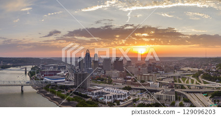 Cincinnati Ohio urban architecture in city downtown at sunset. Panoramic view of business district skyline with high-rise buildings at nightfall 129096203