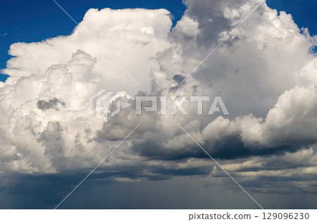 Bright landscape of blue sky with flying white clouds. Colorful summer skyscape Bright landscape of blue sky with flying white clouds. Colorful summer skyscape 129096230