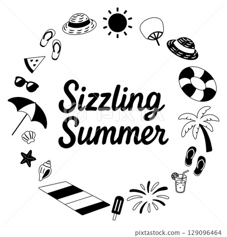 Summer circle frame with English phrase (Sizzling Summer, monochrome) 129096464
