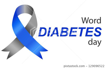 Word Diabetes Day. Blue and Grey awareness ribbon. Raising awareness of diabetes campaign. Word Diabetes Day vector illustration with Blue and Grey ribbon loop. Concept illustration Word Diabetes Day. Blue and Grey awareness ribbon. Raising awareness of diabetes campaign. Word Diabetes Day vector illustration with Blue and Grey ribbon loop. Concept illustration 129096522