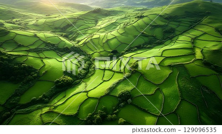 Aerial view of rolling green hills and fields idyllic countryside scenery 129096535