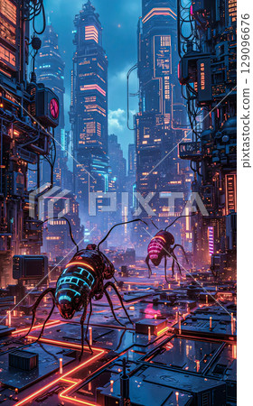 Robotic creatures of the future.  The large robot creatures is depicted against a futuristic cityscape, adorned with neon accents of red and blue. 129096676
