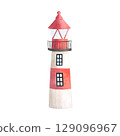 Lighthouse painted with watercolors on a white background. Ideal for postcards, printing on wallpaper, fabric 129096967