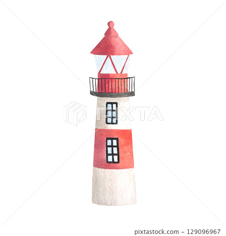 Lighthouse painted with watercolors on a white background. Ideal for postcards, printing on wallpaper, fabric Lighthouse painted with watercolors on a white background. Ideal for postcards, printing on wallpaper, fabric 129096967