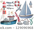A watercolor painting of a boat, lighthouse, seagull, and fish 129096968