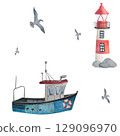 Pattern of watercolor elements. Barge, lighthouse, seagulls, lifebuoy, stones painted with watercolors on a white background. Ideal for postcards, printing on wallpaper, fabric 129096970