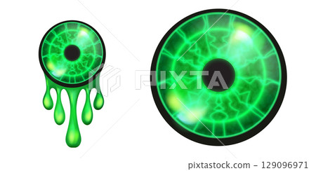 Vector green zombie eye with green slime isolated on white background. Vector 3d monster zombie eye png clip art illustration. Alien scary Eyeball isolated for Halloween design Vector green zombie eye with green slime isolated on white background. Vector 3d monster zombie eye png clip art illustration. Alien scary Eyeball isolated for Halloween design 129096971