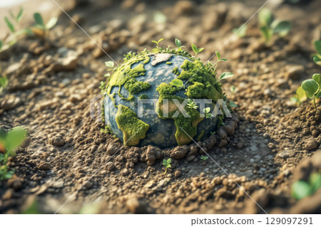 A Green Planet Earth Sprouting from Soil. AI generated 129097291