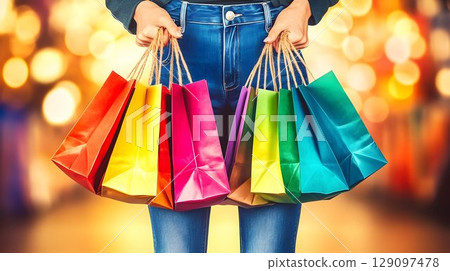 Colorful shopping bags held by hands 129097478
