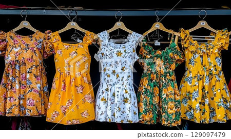 Colorful summer dresses fashion retail display 129097479